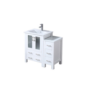 Volez 36W x 18.25D White Single Bath Vanity with Side Cabinet, White Ceramic Top, and Faucet Set