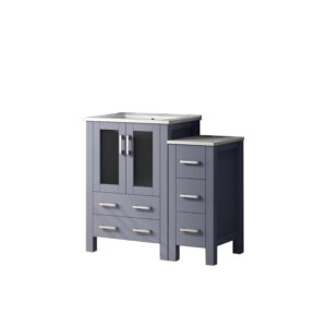 Volez 36W x 18.25D Dark Grey Single Bath Vanity with Side Cabinet, and White Ceramic Top