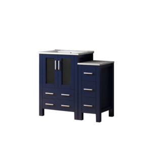 Volez 36W x 18.25D Navy Blue Single Bath Vanity with Side Cabinet, and White Ceramic Top