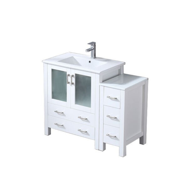 Volez 42W x 18.25D White Single Bath Vanity with Side Cabinet, White Ceramic Top, and Faucet Set