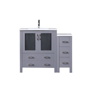 Volez 42W x 18.25D Dark Grey Single Bath Vanity with Side Cabinet, White Ceramic Top, and Faucet Set