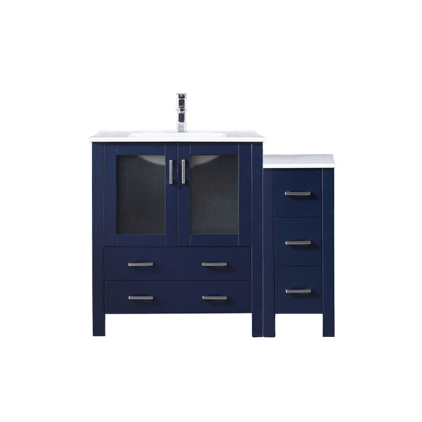 Volez 42W x 18.25D Navy Blue Single Bath Vanity with Side Cabinet, White Ceramic Top, and Faucet Set