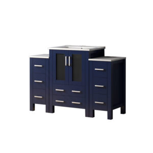 Volez 48W x 18.25D Navy Blue Single Bath Vanity with Side Cabinets, and White Ceramic Top