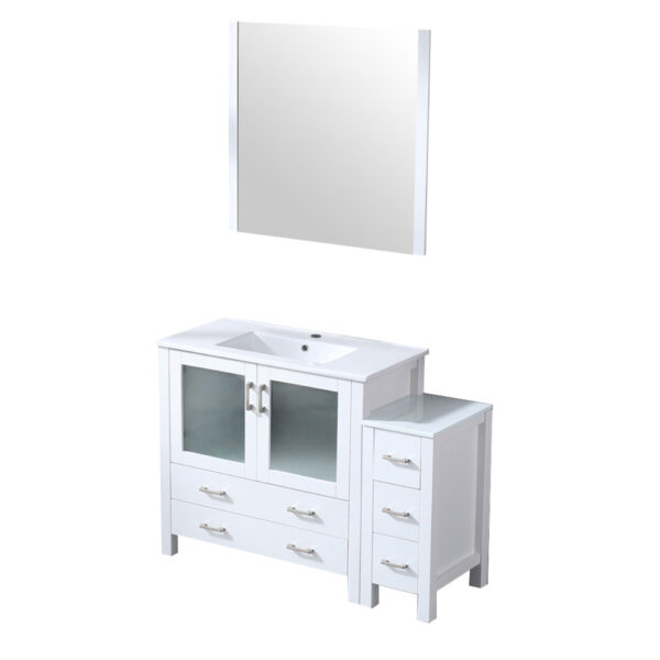 Volez 48W x 18.25D White Single Bath Vanity with Side Cabinet, White Ceramic Top, and 34Mirror