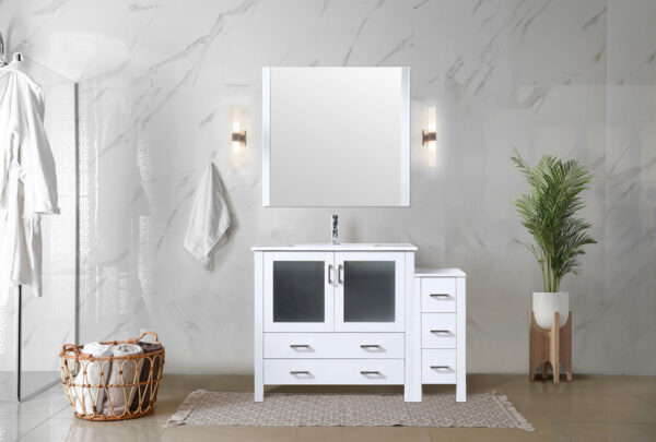 Volez 48W x 18.25D White Single Bath Vanity with Side Cabinet, White Ceramic Top, and 34Mirror