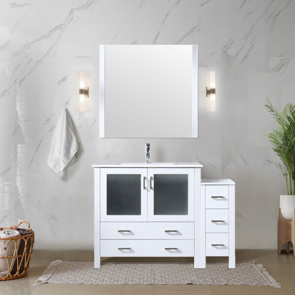 Volez 48W x 18.25D White Single Bath Vanity with Side Cabinet, White Ceramic Top, and 34Mirror