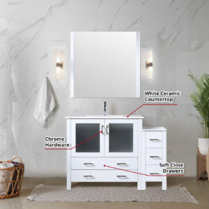 Volez 48W x 18.25D White Single Bath Vanity with Side Cabinet, White Ceramic Top, and 34Mirror