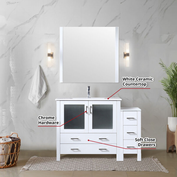 Volez 48W x 18.25D White Single Bath Vanity with Side Cabinet, White Ceramic Top, and 34Mirror