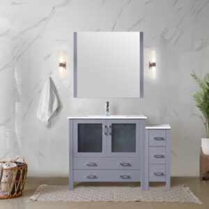 Volez 48W x 18.25D Dark Grey Single Bath Vanity with Side Cabinet, White Ceramic Top, and 34Mirror