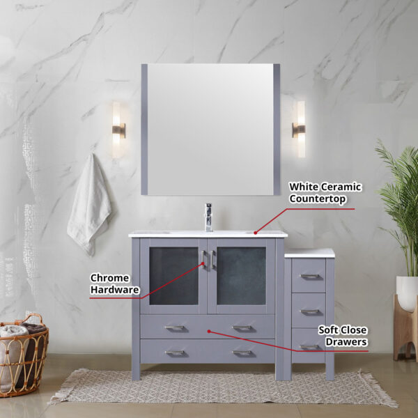 Volez 48W x 18.25D Dark Grey Single Bath Vanity with Side Cabinet, White Ceramic Top, and 34Mirror