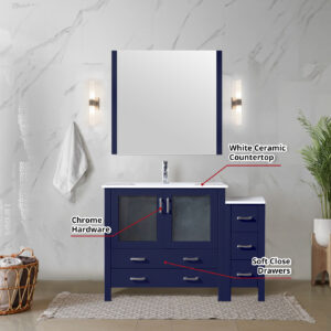 Volez 48W x 18.25D Navy Blue Single Bath Vanity with Side Cabinet, White Ceramic Top, and 34Mirror