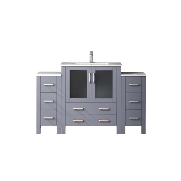 Volez 54W x 18.25D Dark Grey Single Bath Vanity with Side Cabinets, White Ceramic Top, and Faucet Set