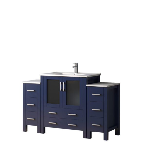 Volez 54W x 18.25D Navy Blue Single Bath Vanity with Side Cabinets, White Ceramic Top, and Faucet Set