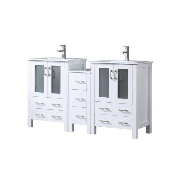 Volez 60W x 18.25D White Double Bath Vanity with Side Cabinet, White Ceramic Top, and Faucet Set