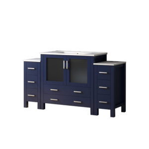 Volez 60W x 18.25D Navy Blue Double Bath Vanity with Side Cabinets, and White Ceramic Top