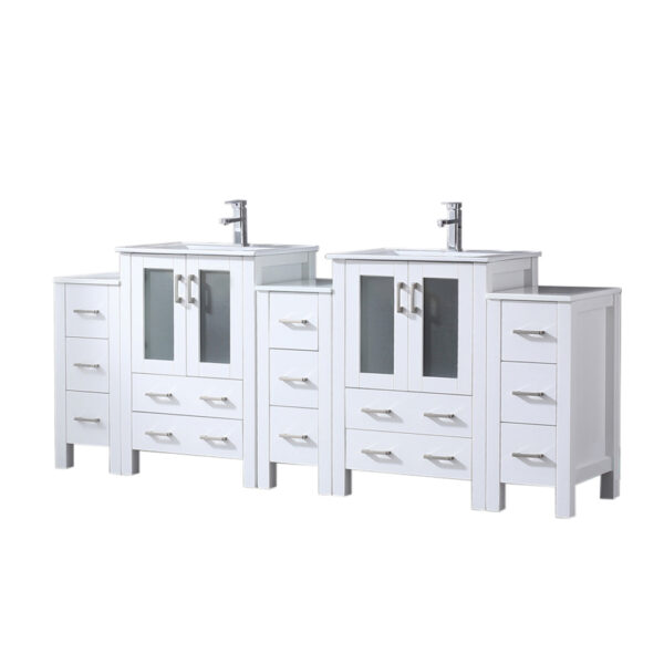 Volez 84W x 18.25D White Double Bath Vanity with Side Cabinets, White Ceramic Top, and Faucet Set