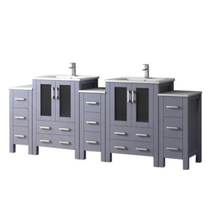 Volez 84W x 18.25D Dark Grey Double Bath Vanity with Side Cabinets, White Ceramic Top, and Faucet Set