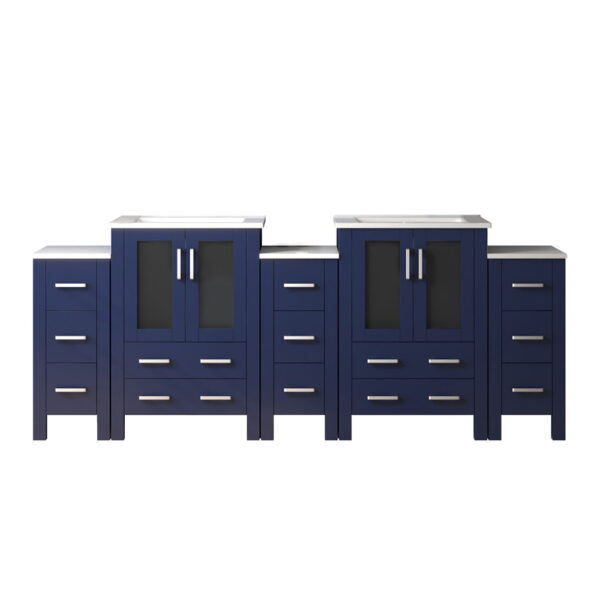 Volez 84W x 18.25D Navy Blue Double Bath Vanity with Side Cabinets, and White Ceramic Top