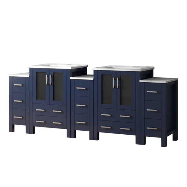 Volez 84W x 18.25D Navy Blue Double Bath Vanity with Side Cabinets, and White Ceramic Top