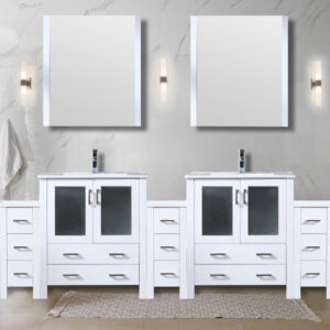 Volez 96W x 18.25D White Double Bath Vanity with Side Cabinets, White Ceramic Top, 28Mirrors, and Faucet Set