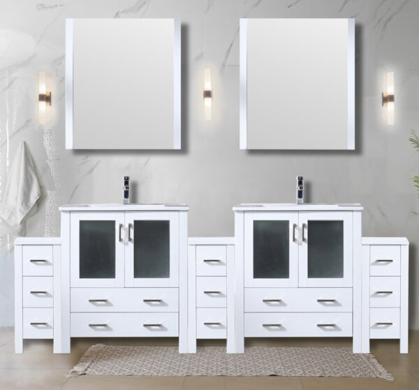 Volez 96W x 18.25D White Double Bath Vanity with Side Cabinets, White Ceramic Top, 28Mirrors, and Faucet Set