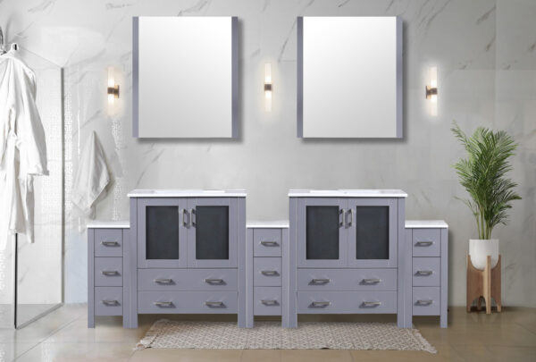 Volez 96W x 18.25D Dark Grey Double Bath Vanity with Side Cabinets, White Ceramic Top, and 28Mirrors