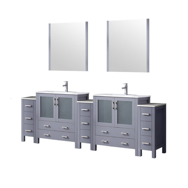 Volez 96W x 18.25D Dark Grey Double Bath Vanity with Side Cabinets, White Ceramic Top, 28Mirrors, and Faucet Set