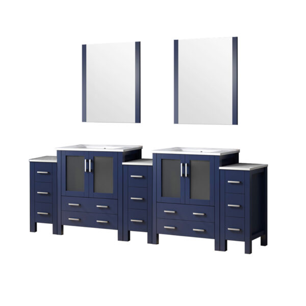 Volez 96W x 18.25D Navy Blue Double Bath Vanity with Side Cabinets, White Ceramic Top, and 28Mirrors