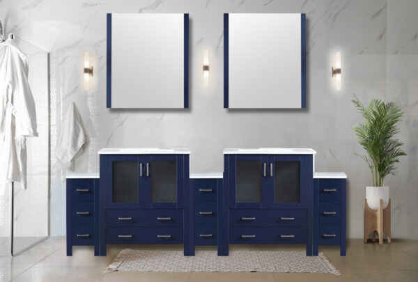 Volez 96W x 18.25D Navy Blue Double Bath Vanity with Side Cabinets, and White Ceramic Top