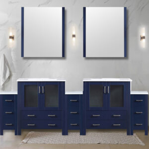 Volez 96W x 18.25D Navy Blue Double Bath Vanity with Side Cabinets, and White Ceramic Top