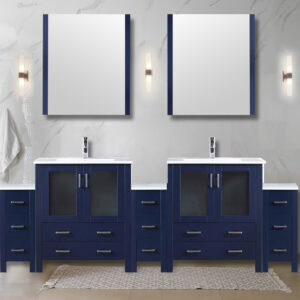 Volez 96W x 18.25D Navy Blue Double Bath Vanity with Side Cabinets, White Ceramic Top, 28Mirrors, and Faucet Set