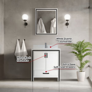 Ziva 30W x 22D White Bath Vanity and White Quartz Top