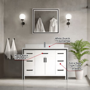 Ziva 48W x 22D White Bath Vanity and White Quartz Top