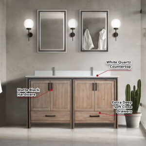 Ziva 60W x 22D Rustic Barnwood Double Bath Vanity and White Quartz Top