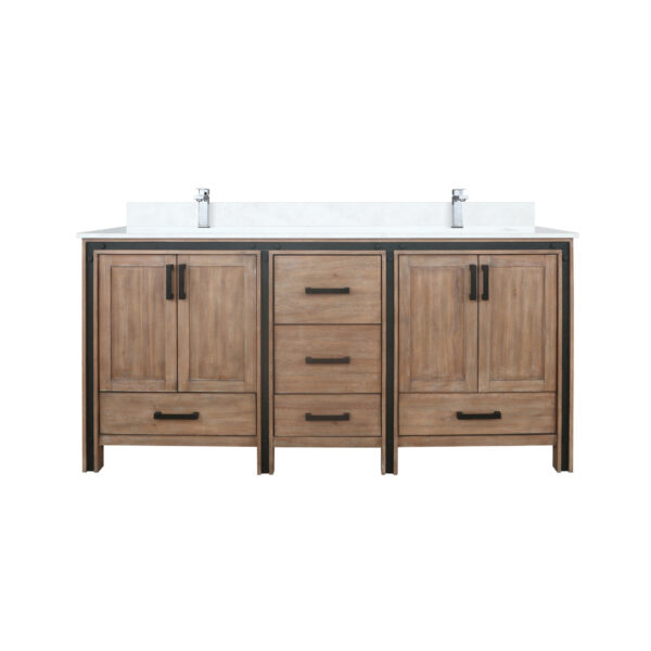 Ziva 72W x 22D Rustic Barnwood Double Bath Vanity, White Quartz Top and Faucet Set