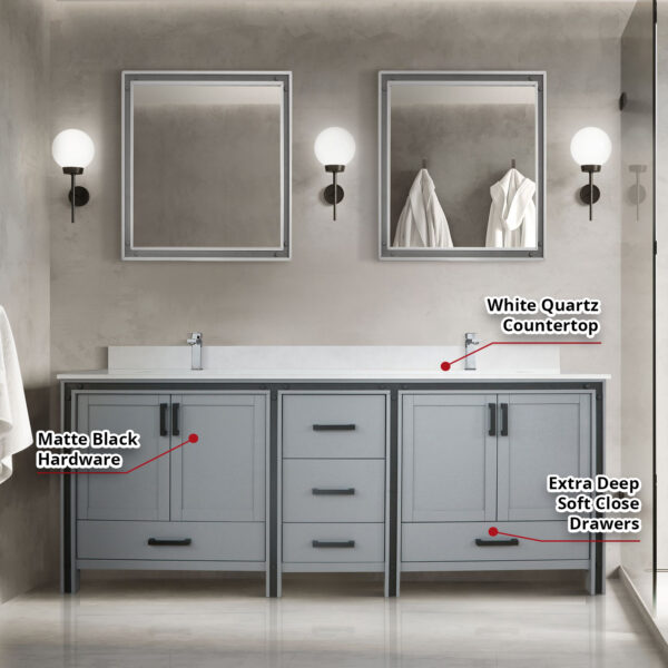 Ziva 80W x 22D Dark Grey Double Bath Vanity and White Quartz Top