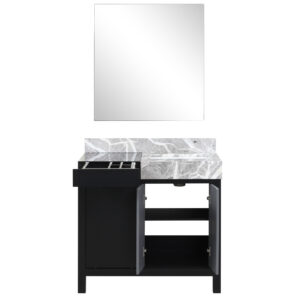 Zilara 36W x 22D Black and Grey Bath Vanity, Castle Grey Marble Top and 30Mirror