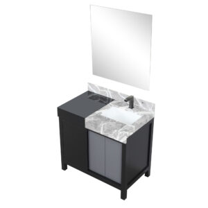 Zilara 36W x 22D Black and Grey Bath Vanity, Castle Grey Marble Top, Gun Metal Faucet Set and 30Mirror