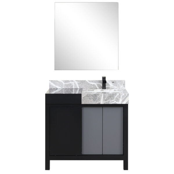 Zilara 36W x 22D Black and Grey Bath Vanity, Castle Grey Marble Top, Matte Black Faucet Set and 30Mirror