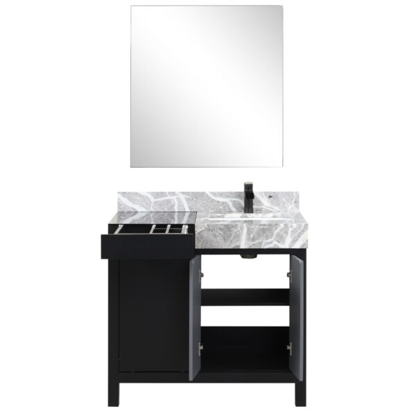 Zilara 36W x 22D Black and Grey Bath Vanity, Castle Grey Marble Top, Matte Black Faucet Set and 30Mirror