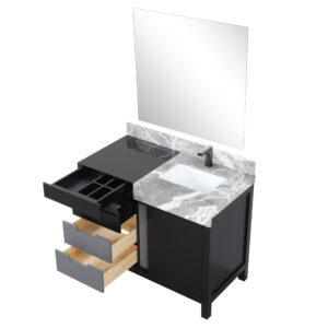 Zilara 42W x 22D Black and Grey Bath Vanity, Castle Grey Marble Top, Gun Metal Faucet Set and 34Mirror