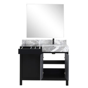 Zilara 42W x 22D Black and Grey Bath Vanity, Castle Grey Marble Top, Gun Metal Faucet Set and 34Mirror