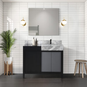 Zilara 42W x 22D Black and Grey Bath Vanity, Castle Grey Marble Top and Gun Metal Faucet Set