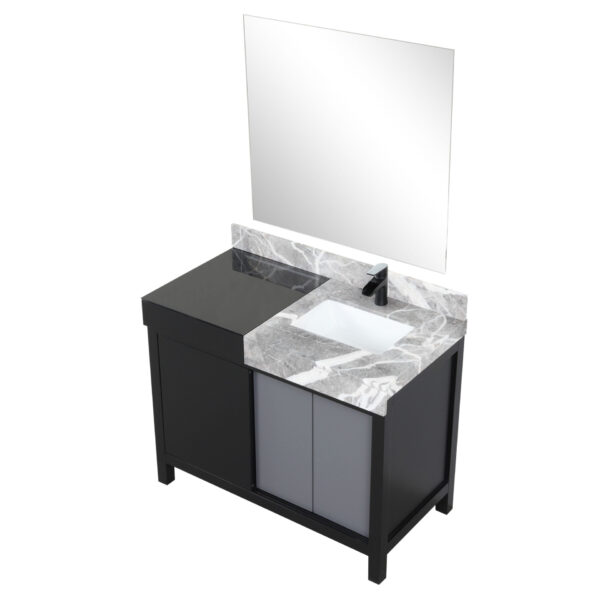 Zilara 42W x 22D Black and Grey Bath Vanity, Castle Grey Marble Top, Matte Black Faucet Set and 34Mirror