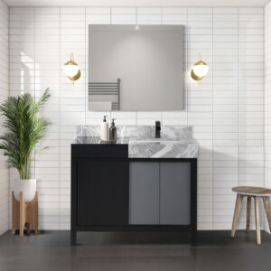 Zilara 42W x 22D Black and Grey Bath Vanity, Castle Grey Marble Top and Matte Black Faucet Set