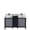 Zilara 55W x 22D Black and Grey Double Bath Vanity, Castle Grey Marble Top and Matte Black Faucet Set