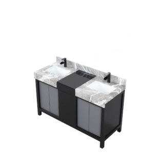 Zilara 55W x 22D Black and Grey Double Bath Vanity, Castle Grey Marble Top and Matte Black Faucet Set