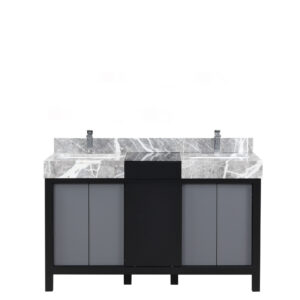 Zilara 55W x 22D Black and Grey Double Bath Vanity, Castle Grey Marble Top and Chrome Faucet Set