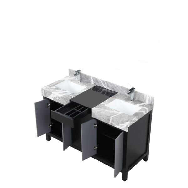 Zilara 55W x 22D Black and Grey Double Bath Vanity, Castle Grey Marble Top and Chrome Faucet Set