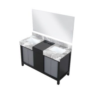 Zilara 55W x 22D Black and Grey Double Bath Vanity, Castle Grey Marble Top and 53Mirror